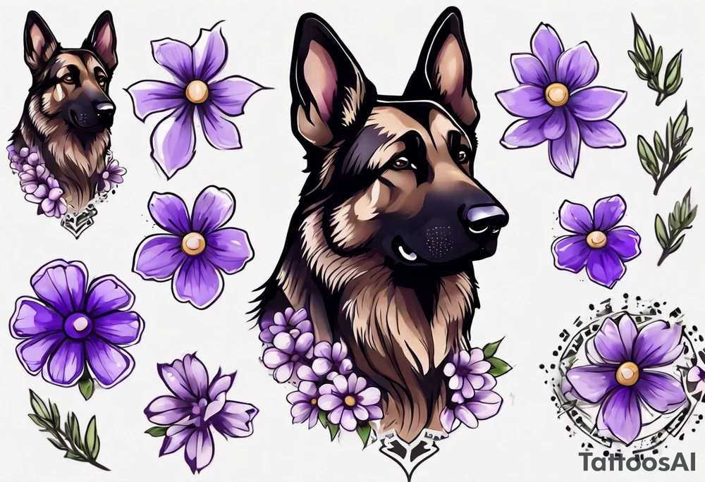 Dark brown, German shepherd with purple daisies tattoo idea