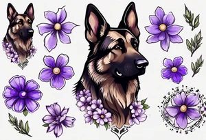 Dark brown, German shepherd with purple daisies tattoo idea