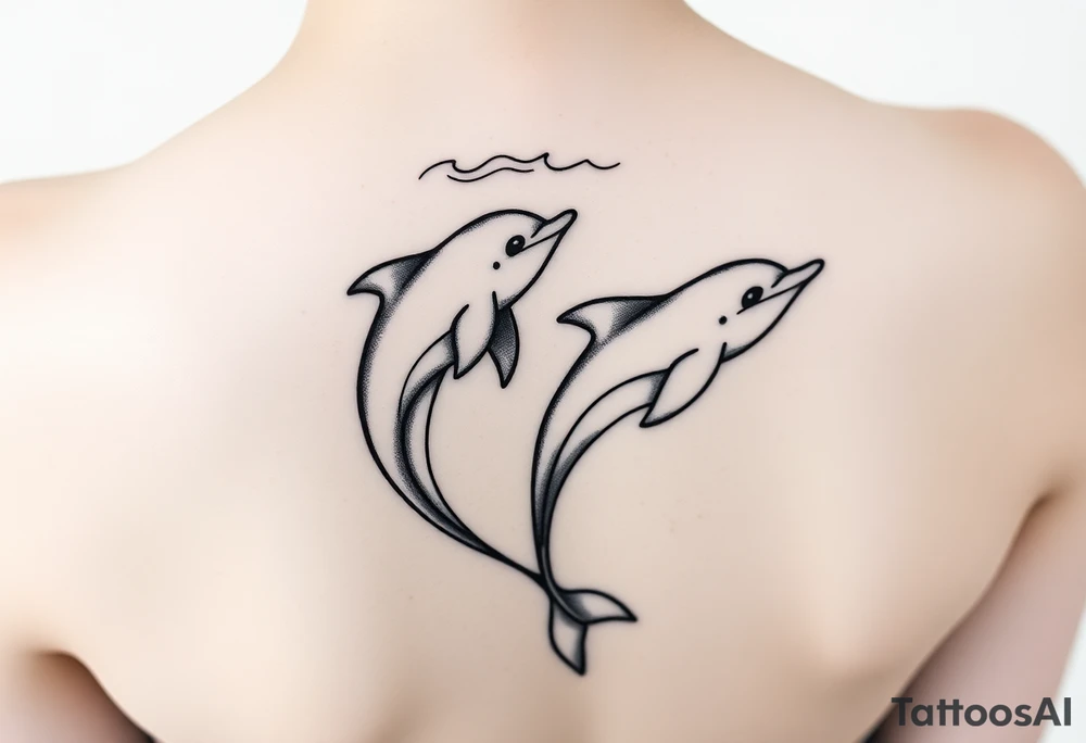 Two Dolphins swimming on spine with small line work on top and bottom that looks like waves tattoo idea