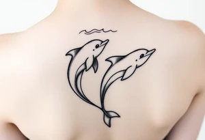 Two Dolphins swimming on spine with small line work on top and bottom that looks like waves tattoo idea