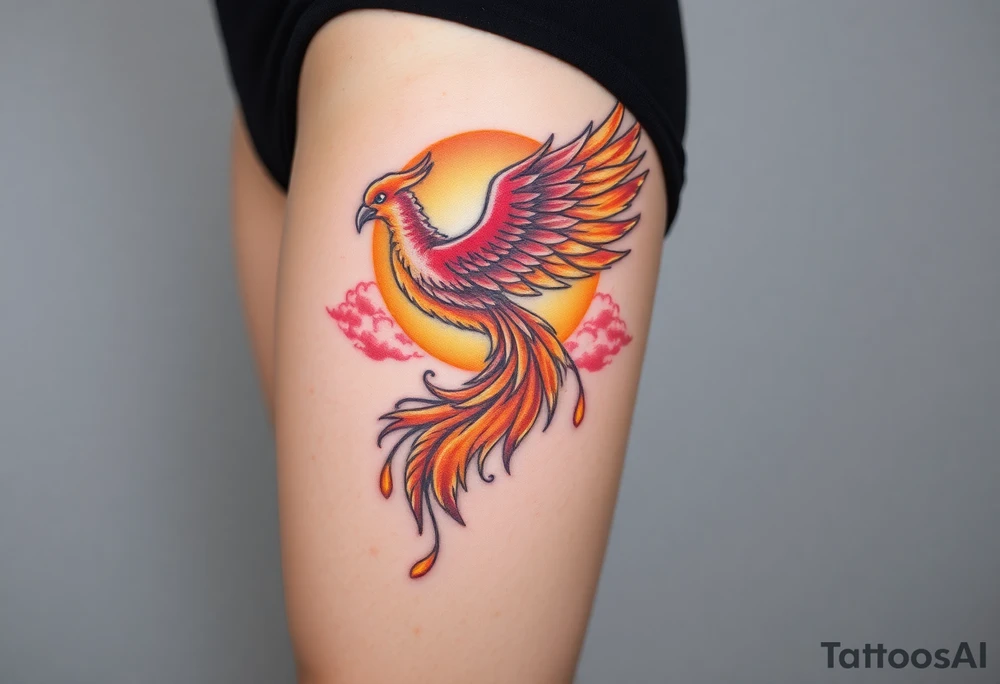 magnificent phoenix rising from flames with trailing embers pinks golds orange and yellows with a golden sunset and sky with puffy clouds and heaven backdrop tattoo idea