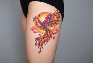 magnificent phoenix rising from flames with trailing embers pinks golds orange and yellows with a golden sunset and sky with puffy clouds and heaven backdrop tattoo idea