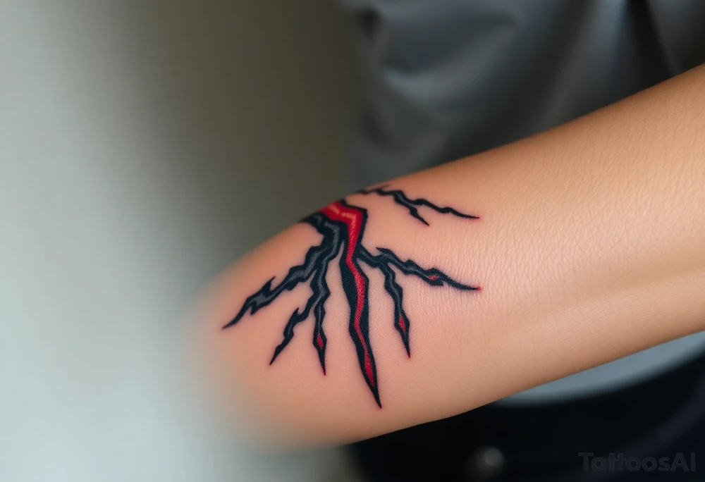 Dark, black menacing storm clouds with creepy red bolts of lightning coming down tattoo idea