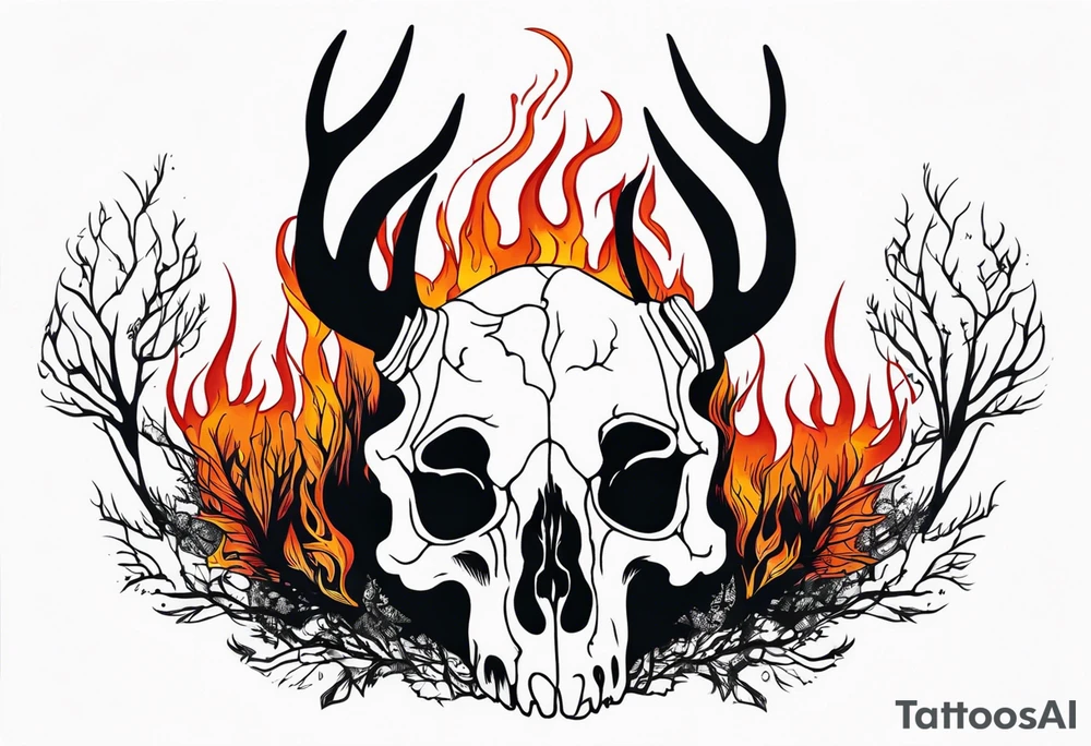 side profile of a DECAYING deer skull JUST BONE supernatural cannibal surrounded by a flames and trees tattoo idea