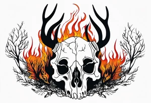 side profile of a DECAYING deer skull JUST BONE supernatural cannibal surrounded by a flames and trees tattoo idea