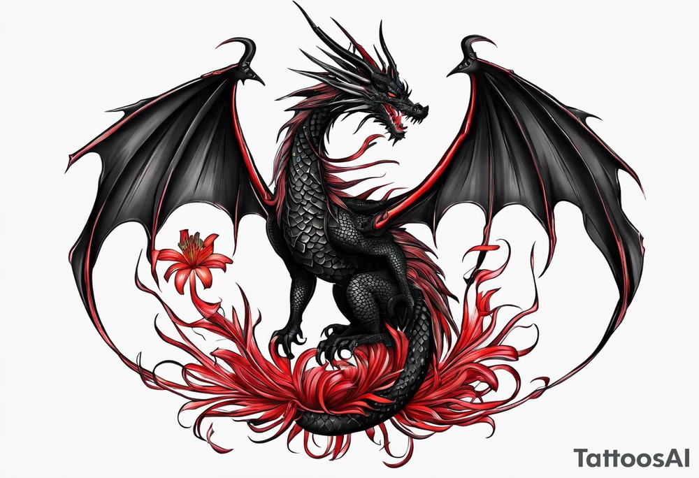 Black dragon. Red Lycoris radiata. Lightning. No background. tattoo idea
