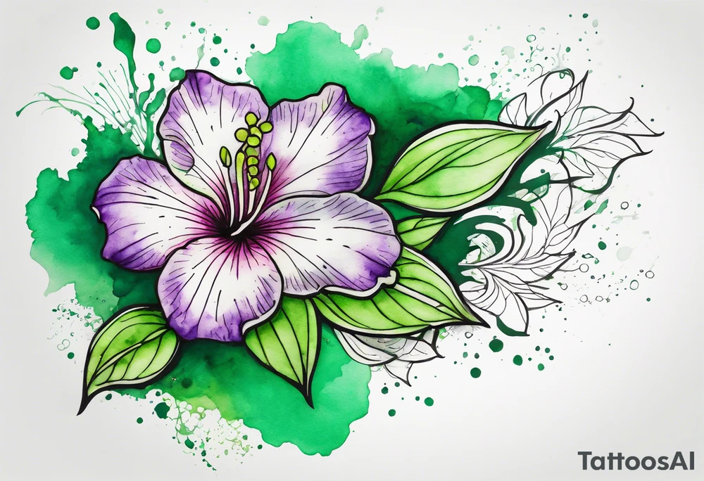 An outline of an only green rio dipladenia flower and a green and purple watercolor splash in the background tattoo idea
