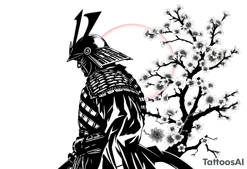 noble samurai warrior silhouette at sunset with cherry blossoms tattoo idea