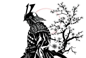 noble samurai warrior silhouette at sunset with cherry blossoms tattoo idea
