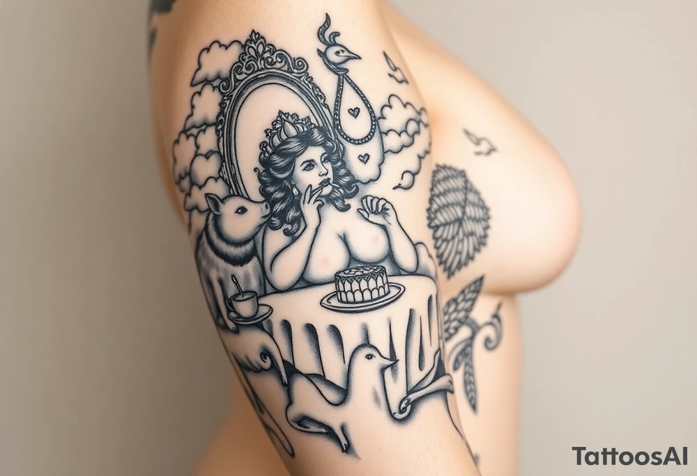 Sexy naked fat lady having a tea party with a pig, peacock, noose, lion, goat, smoking cigerettes looking in the mirror having sex with a man eating a cake thru storm clouds tattoo idea