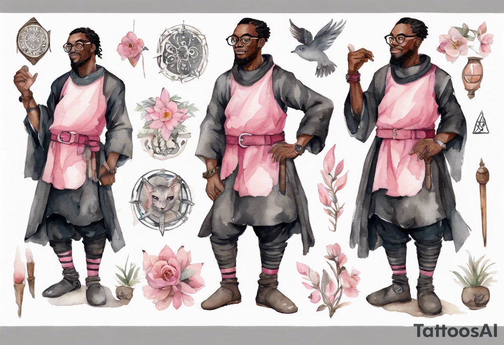 a medieval black man wearing round glasses, wearing a black tunic, wearing a pink belt, wearing grey mukluks tattoo idea