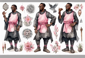 a medieval black man wearing round glasses, wearing a black tunic, wearing a pink belt, wearing grey mukluks tattoo idea