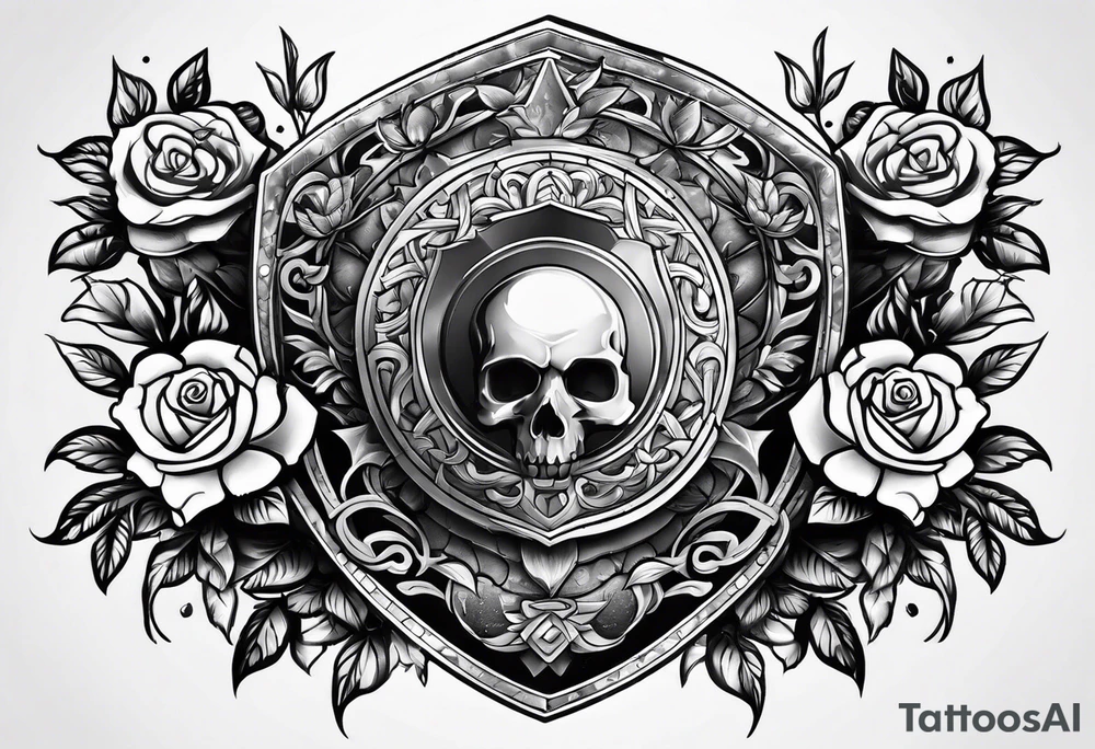 Aegis shield surrounded by roses tattoo idea