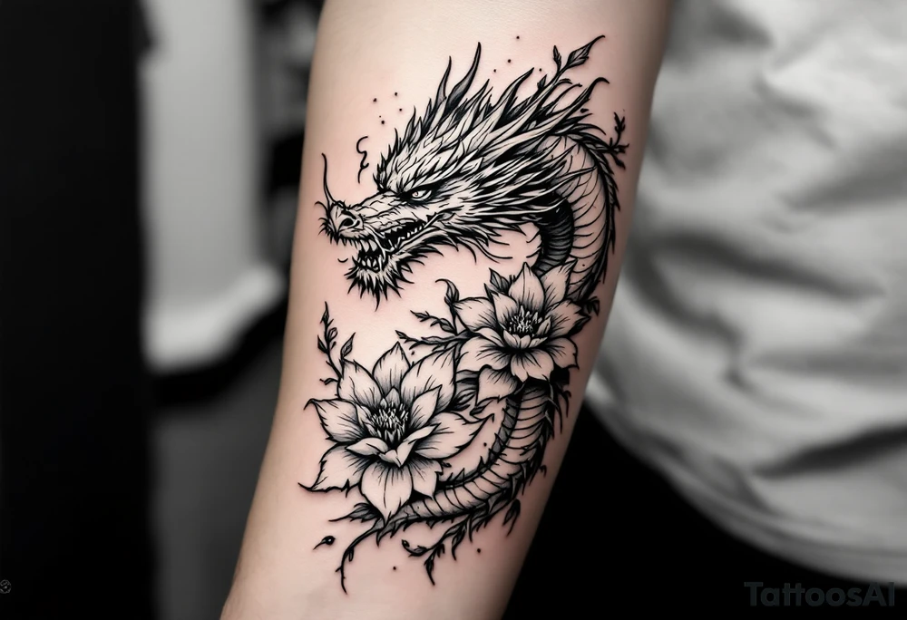dragon with flowers tattoo idea