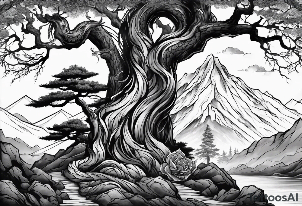 Full arm sleeve, tree going up to shoulder dead tree going down to wrist, wrapped in a serpent moving down with mountain, water, and demonic elements tattoo idea