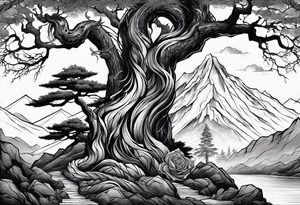 Full arm sleeve, tree going up to shoulder dead tree going down to wrist, wrapped in a serpent moving down with mountain, water, and demonic elements tattoo idea