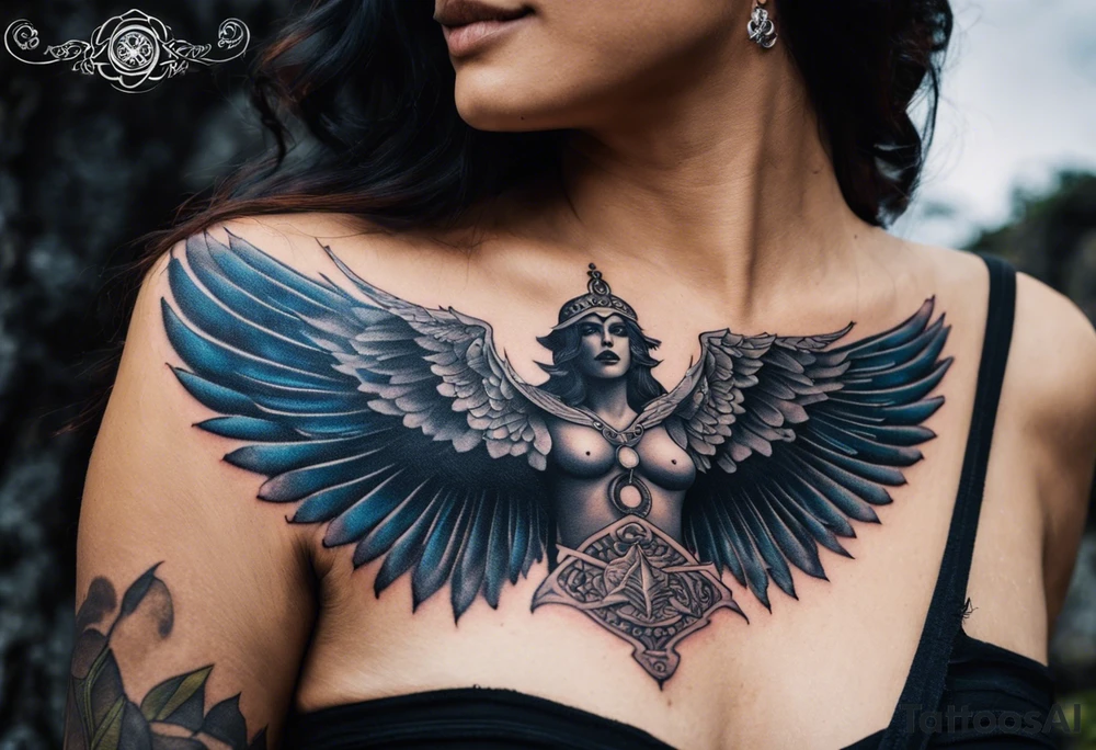 black kali, goddess pirate, alien, angel, pachamama, valkrye, warrior, flying, skull, lotus azul, wing, eagle, zenza resonance, stars, 5D, anahata chakra, death, durga, riding on a tiger, flying lady, kundalini, chest tatoo, rebel tattoo idea