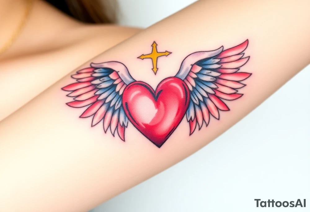dainty catholic sacred heart with angel wings tattoo idea