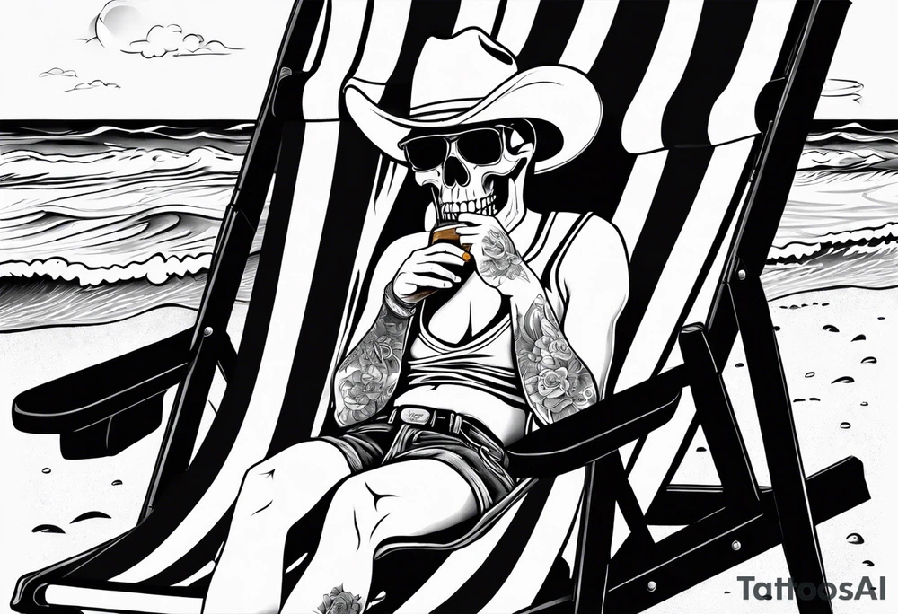 Skull body smoke on the beach sitting in a beach chair with a beer in its hand tattoo idea