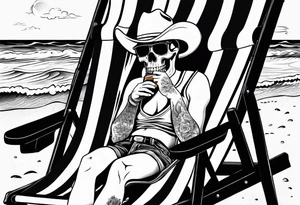 Skull body smoke on the beach sitting in a beach chair with a beer in its hand tattoo idea