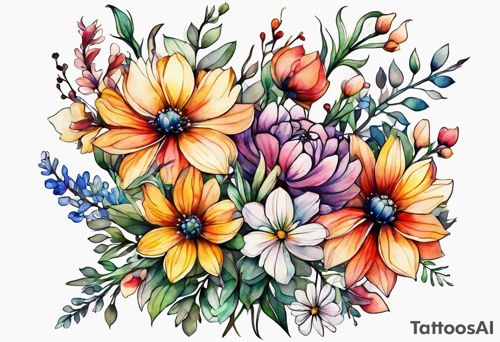 wild flowers long stems bouquet all watercolor tattoo idea