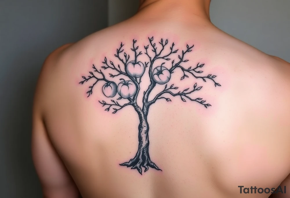 Peach tree with names scripted as branches tattoo idea