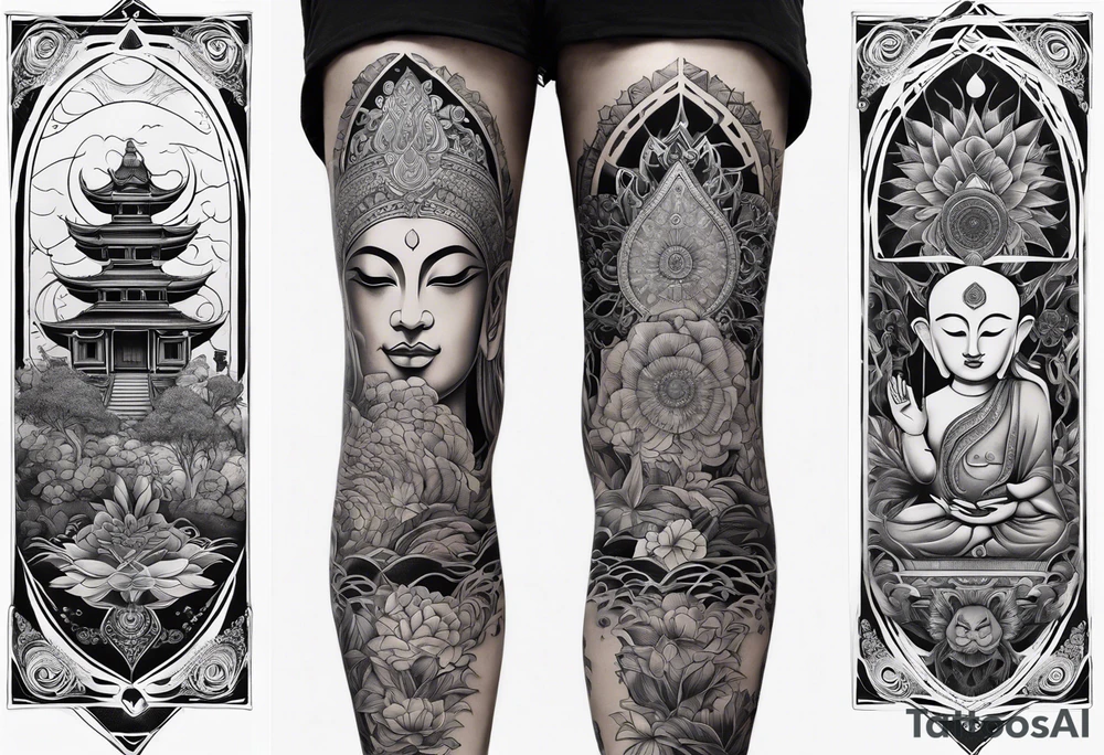 design full leg tattoo including zen, ayahuasca, Buddha, elephant, triangle, bird, and the “slowing down” card from osho zen tarot tattoo idea