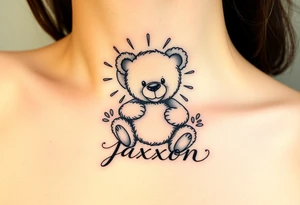 a playful teddy bear with sunshine and the name jaxxon tattoo idea