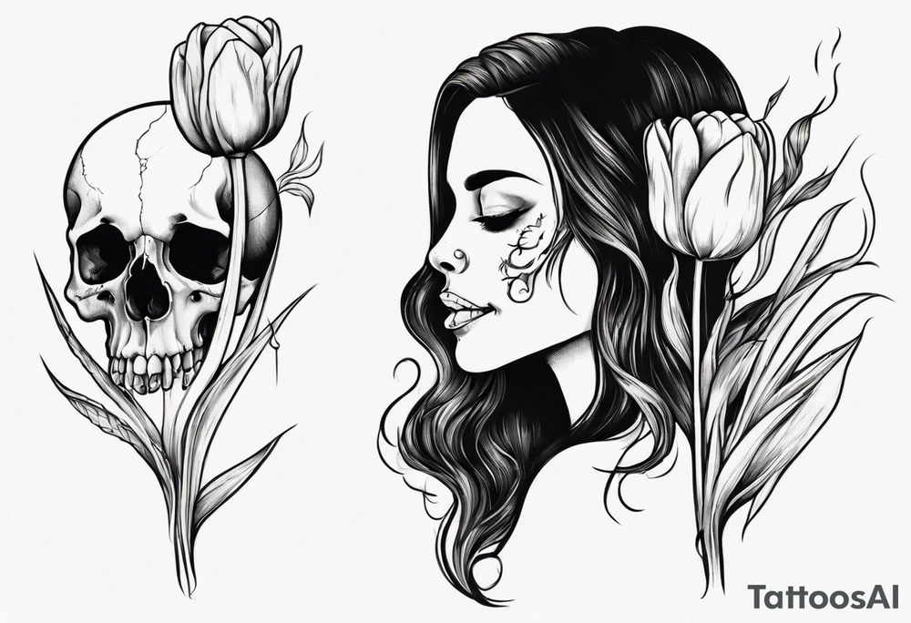 sideview of smiling female skull with long hair, one decayed tulip, one perfect tulip and one tulip bud tattoo idea