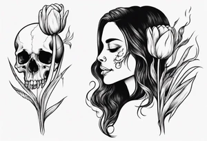 sideview of smiling female skull with long hair, one decayed tulip, one perfect tulip and one tulip bud tattoo idea