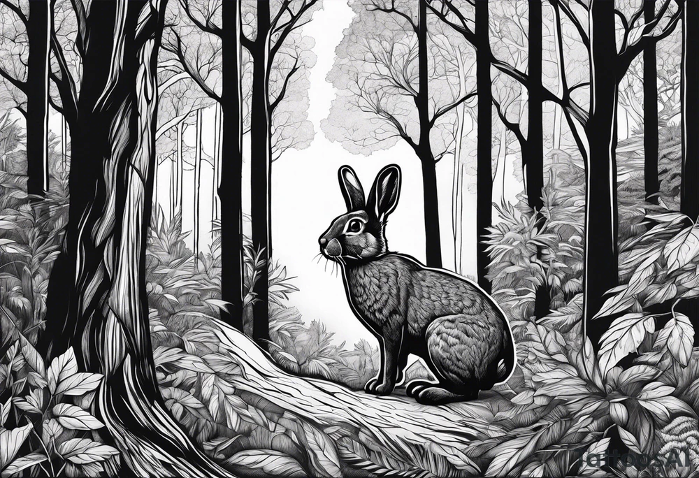 Dense forest with a rabbit between the trees tattoo idea