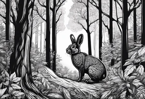 Dense forest with a rabbit between the trees tattoo idea