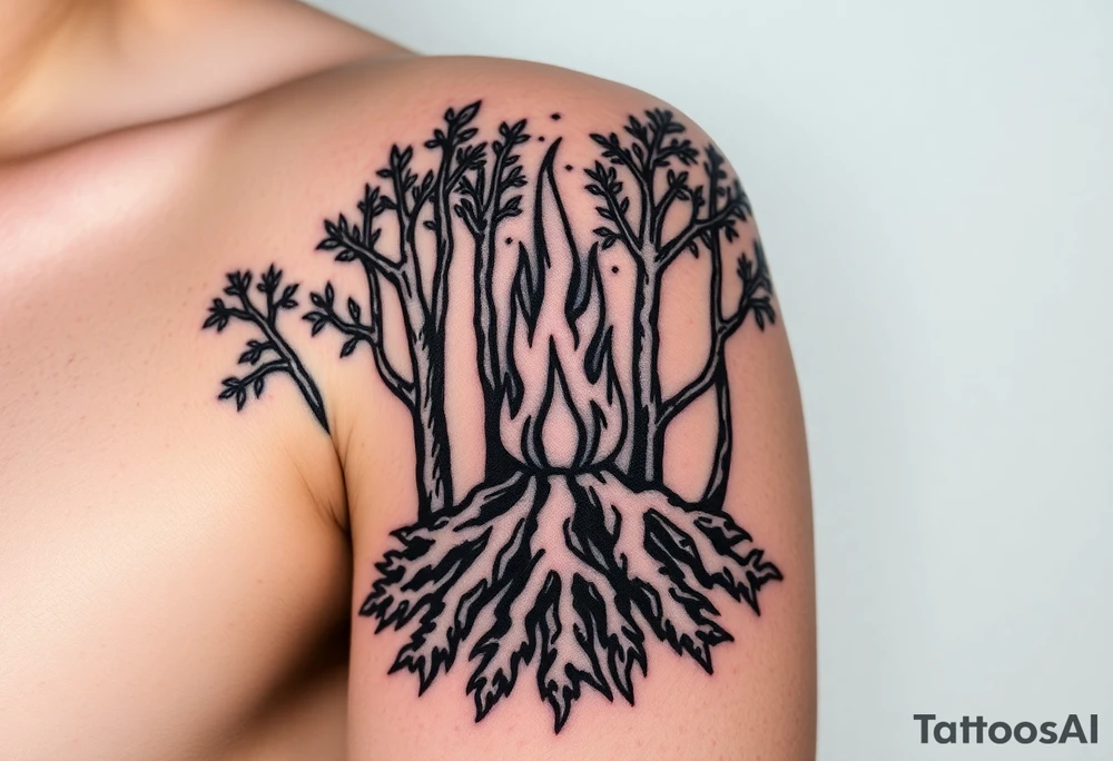 fire in a forest of roots tattoo idea