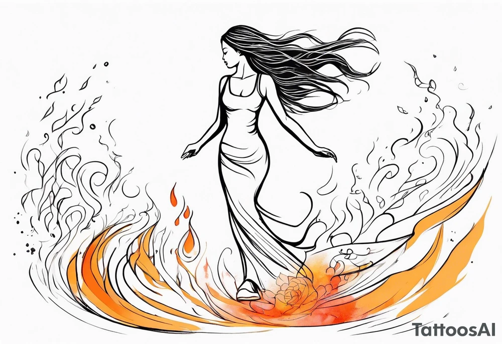 Resurrection strength and courage Beautiful Woman walking through fire and chaos to inner peace and self-love  ethereal tattoo idea