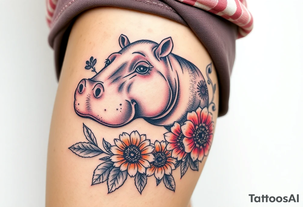 Cute hippo and with sunflowers and carnations realistic and feminine tattoo idea