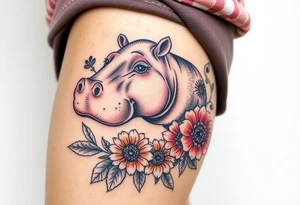 Cute hippo and with sunflowers and carnations realistic and feminine tattoo idea