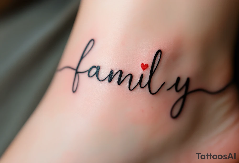 A heartbeat line forming the word family in black, with a small red heart at the center. tattoo idea