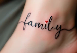 A heartbeat line forming the word family in black, with a small red heart at the center. tattoo idea