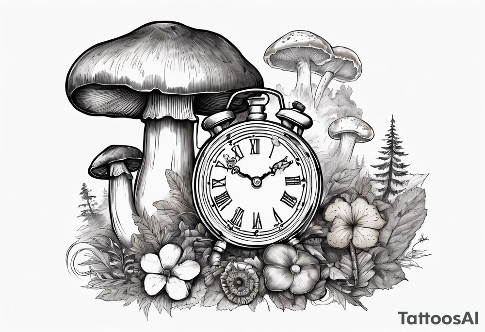 mounting landscape with little boletus in the forest.
Add in a middle an antique clock at 9:44pm
a cinema film
a deck of poker cards

Grandma's walking stick
An Italian coffee maker tattoo idea