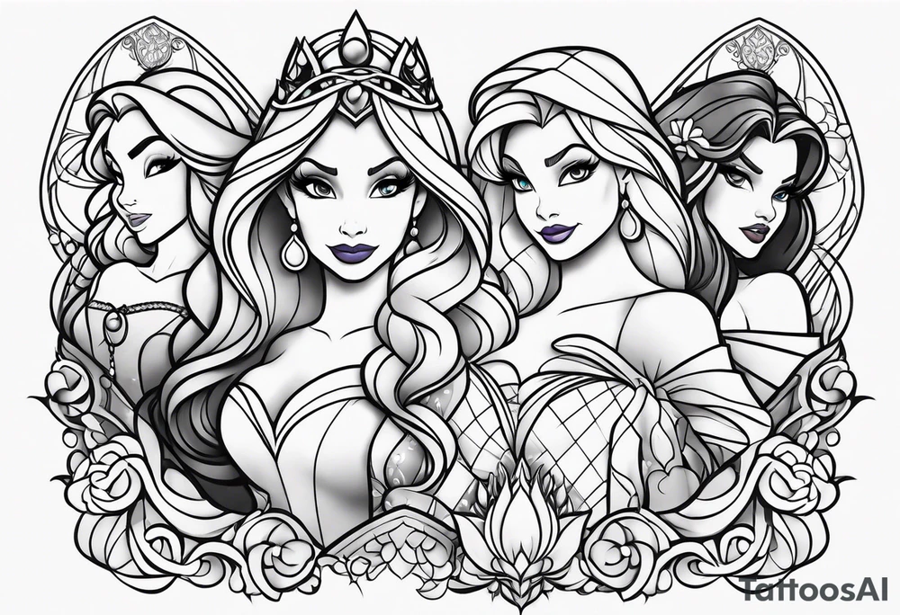 Disney princesses and Disney villains mixed together on an arm sleeve tattoo idea