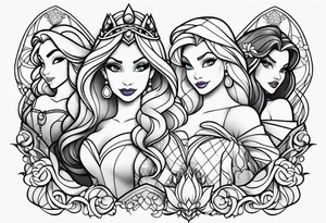 Disney princesses and Disney villains mixed together on an arm sleeve tattoo idea