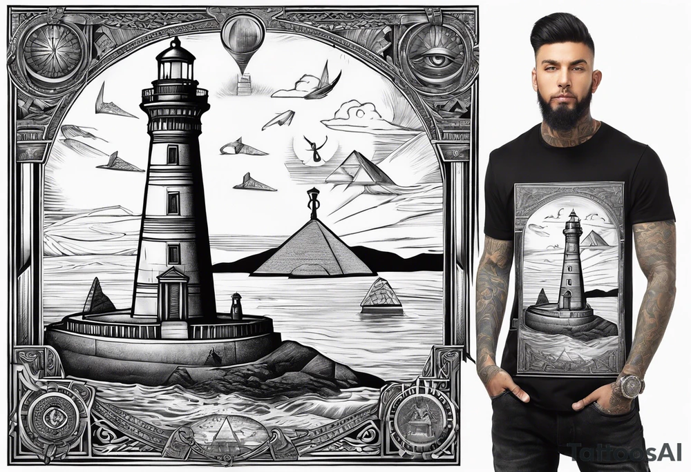 Lighthouse of Alexandria with Ankh and Eye of Ra hovering above it, pyramids and obelisk in background, tattoo idea