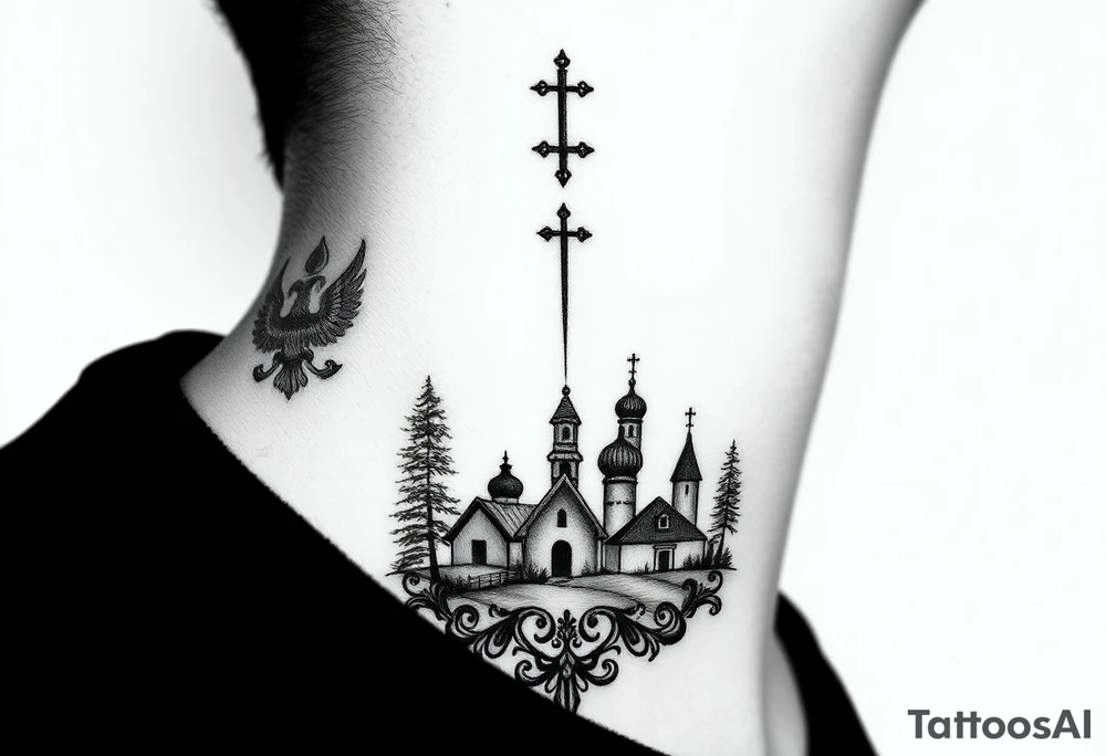 Traditional authentic Russian coat of arms with a Christian orthodox virgin marry in the middle and silhouette in a Russian wilderness Christian orthodoxy dome church village setting on the side of my neck tattoo idea