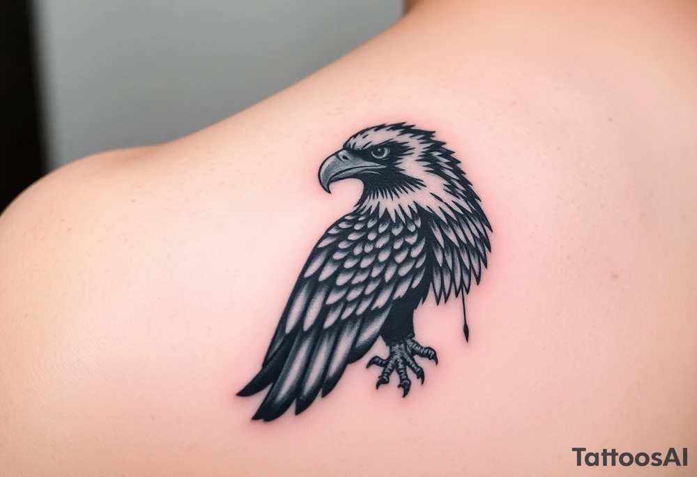 A detailed black-and-gray eagle with intricately shaded feathers, symbolizing strength and wisdom tattoo idea