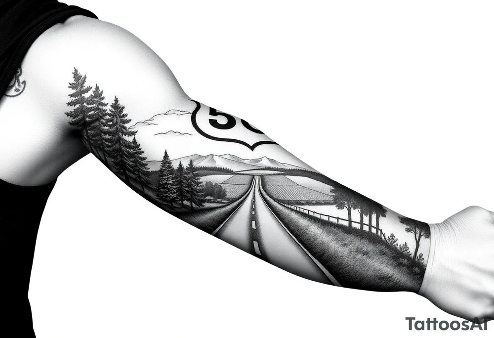 Arm sleeve small State Route sign 558, with trees all around and farm in background, road w/ view facing up the arm tattoo idea