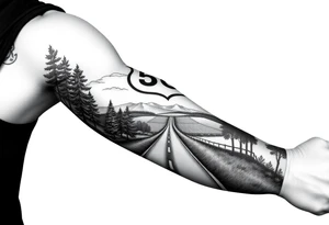 Arm sleeve small State Route sign 558, with trees all around and farm in background, road w/ view facing up the arm tattoo idea