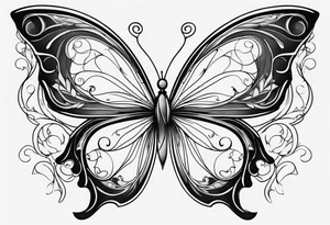 Delicate butterfly with soft, flowing lines, minimalist design inspired by Alphonse Mucha’s organic Art Nouveau curves, subtle floral detailing in the wings. tattoo idea