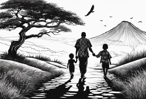 Child walking next to dad past away in Africa shape tattoo idea