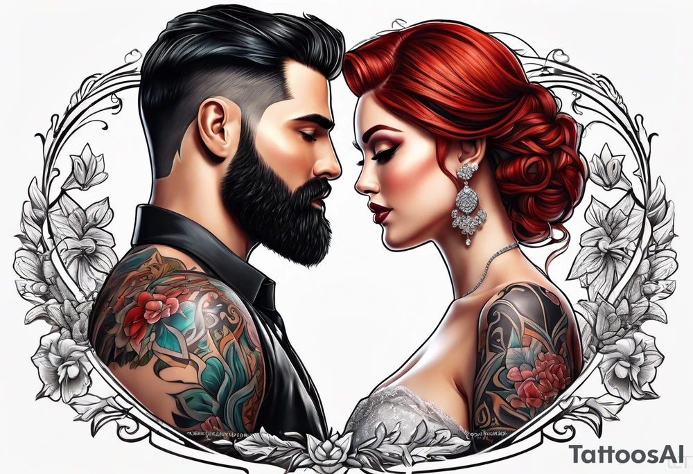 Busty red haired woman with a bearded man who has black hair getting married tattoo idea
