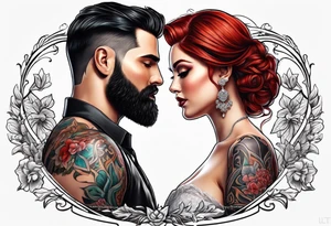 Busty red haired woman with a bearded man who has black hair getting married tattoo idea